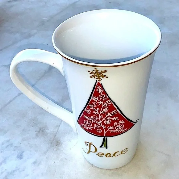 222 FIFTH NATALA PEACE LATTE TALL MUG CUP PORCELAIN RED TREE NEW